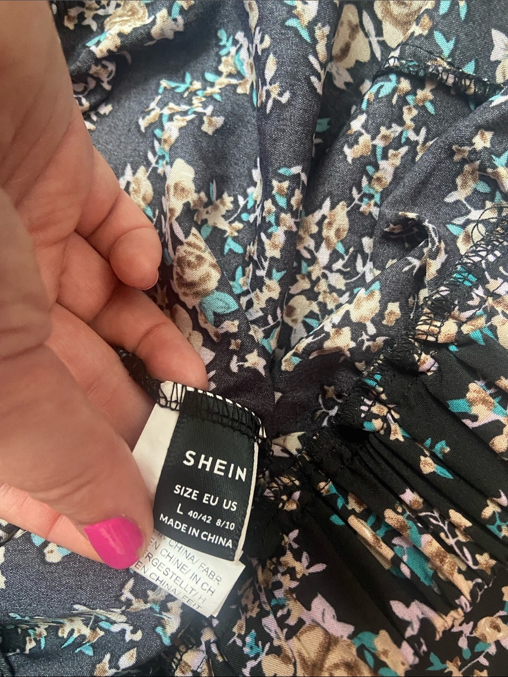 SHEIN Black Midi Skirt with Pink and Teal Floral Print - Picture 2 of 2